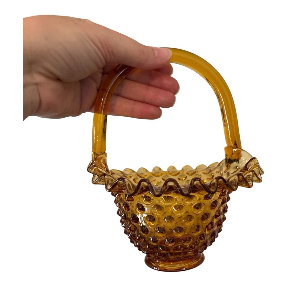 Vintage Fenton Amber Glass Colonial Hobnail Ruffled Edges Art Glass Basket 7.5